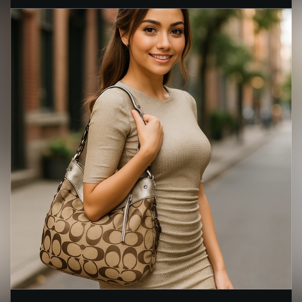 Coach Beige Brown Sliver Signature Logo shoulder Hobo tote bag authentic